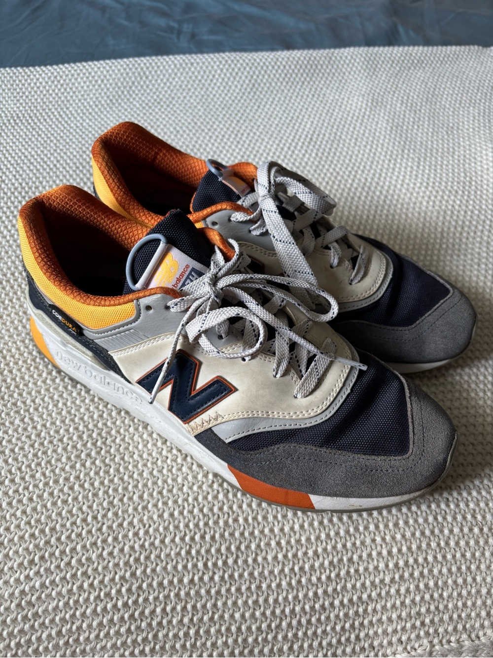 New Balance Men’s Navy, Gray & Orange Athletic Sneakers. Size 9